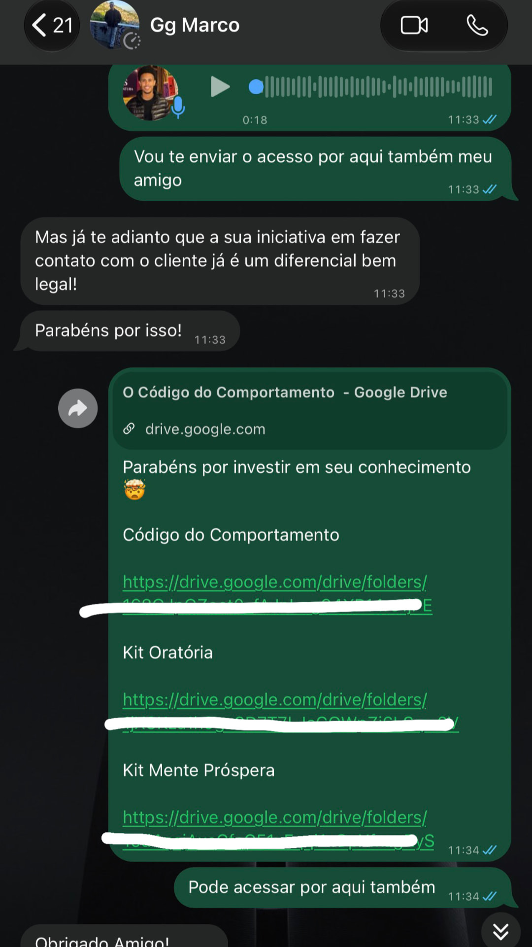 Conversa de WhatsApp com cliente recebendo o acesso aos livros